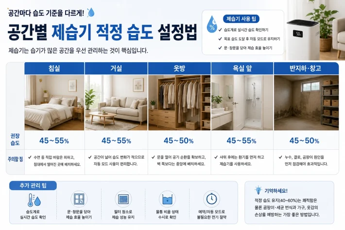 공간 별 제습기 적정 습도 설정법